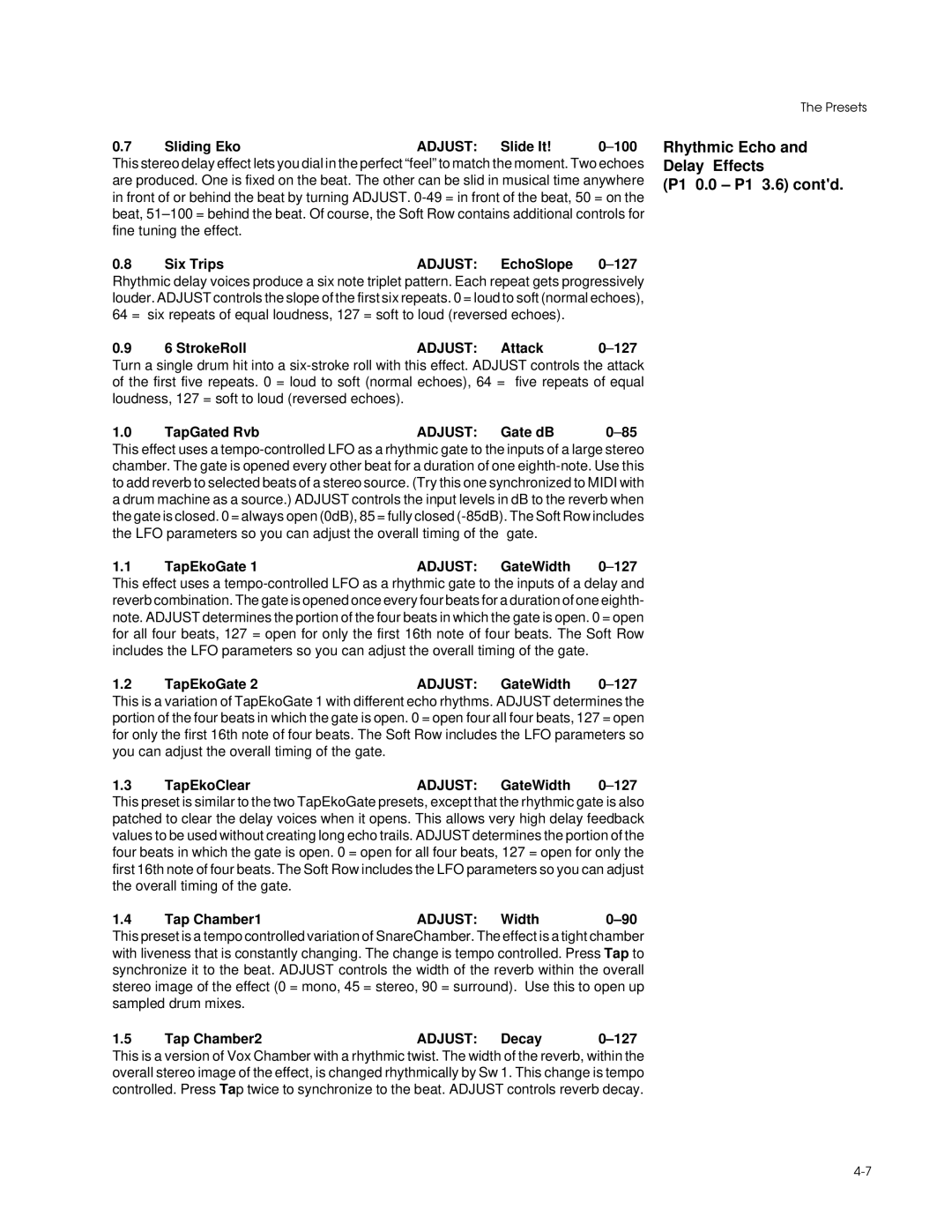 Lexicon PCM 80 manual Rhythmic Echo and Delay Effects P1 0.0 P1 3.6 contd 