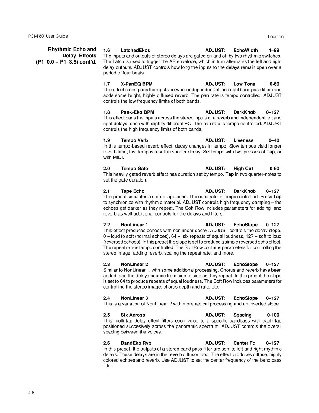 Lexicon PCM 80 manual LatchedEkos Adjust EchoWidth, PanEQ Bpmadjust Low Tone, Pan-Eko Bpmadjust DarkKnob 