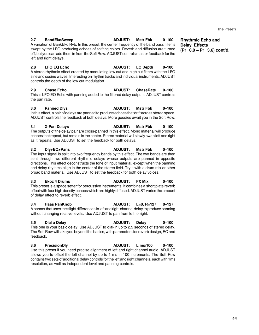 Lexicon PCM 80 manual BandEkoSweepADJUST Mstr Fbk, LFO EQ EchoADJUST LC Depth, Chase EchoADJUST ChaseRate 