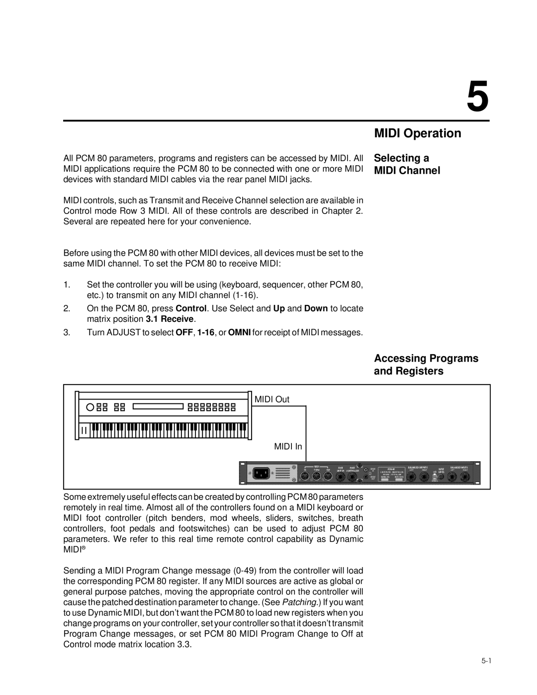 Lexicon PCM 80 manual Midi Operation, Selecting a Midi Channel Accessing Programs Registers 