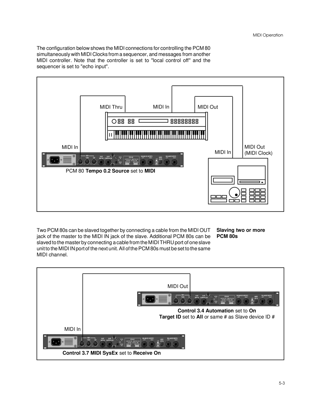 Lexicon manual PCM 80s, Control 3.4 Automation set to On, Control 3.7 Midi SysEx set to Receive On, Slaving two or more 