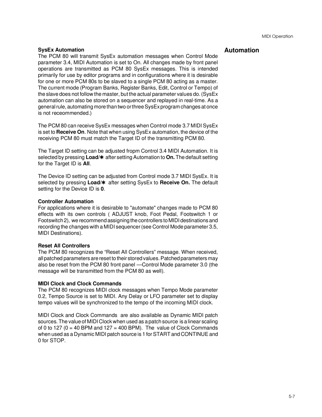 Lexicon PCM 80 manual SysEx Automation, Controller Automation, Reset All Controllers, Midi Clock and Clock Commands 