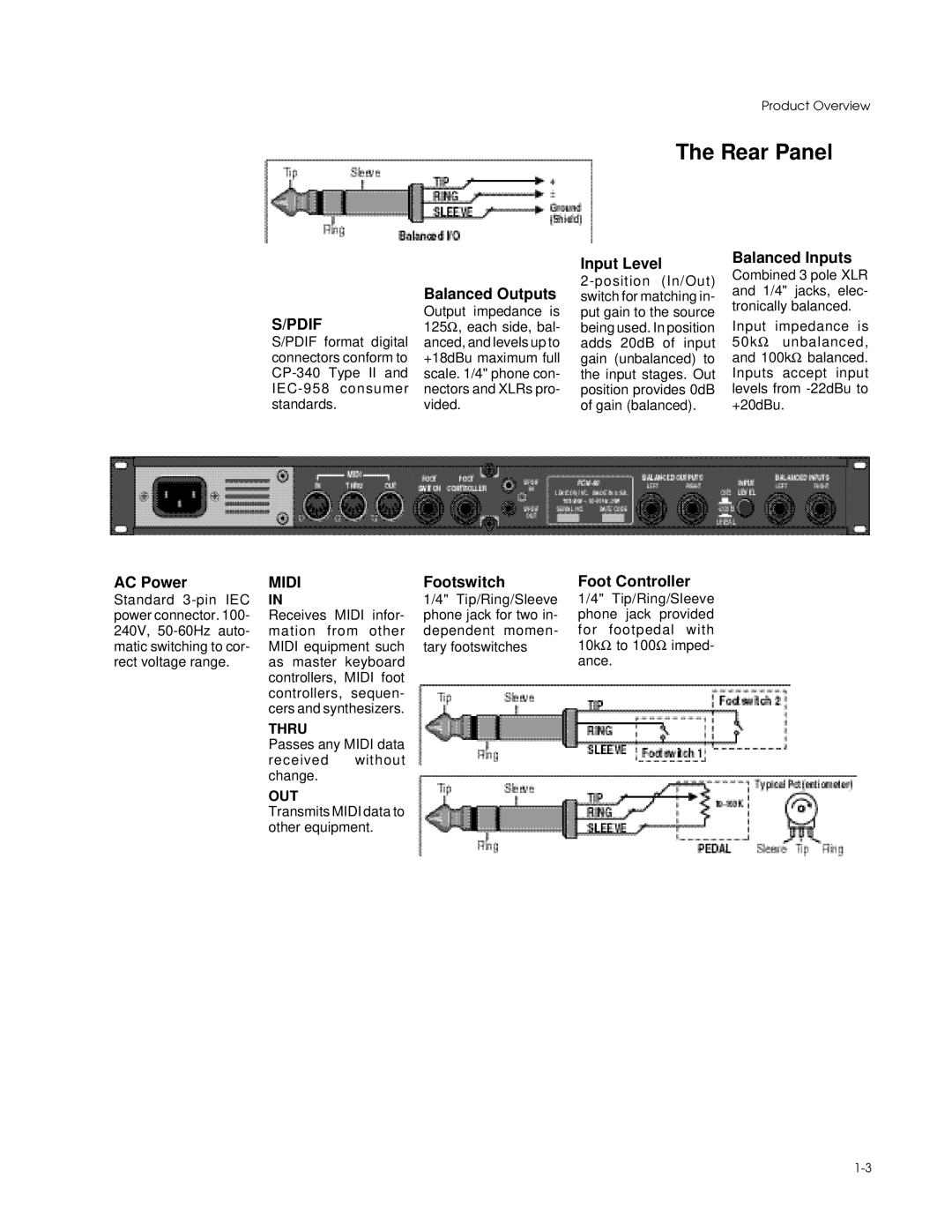 Lexicon PCM 80 manual AC Power, Balanced Outputs, Footswitch, Input Level, Foot Controller, Balanced Inputs 