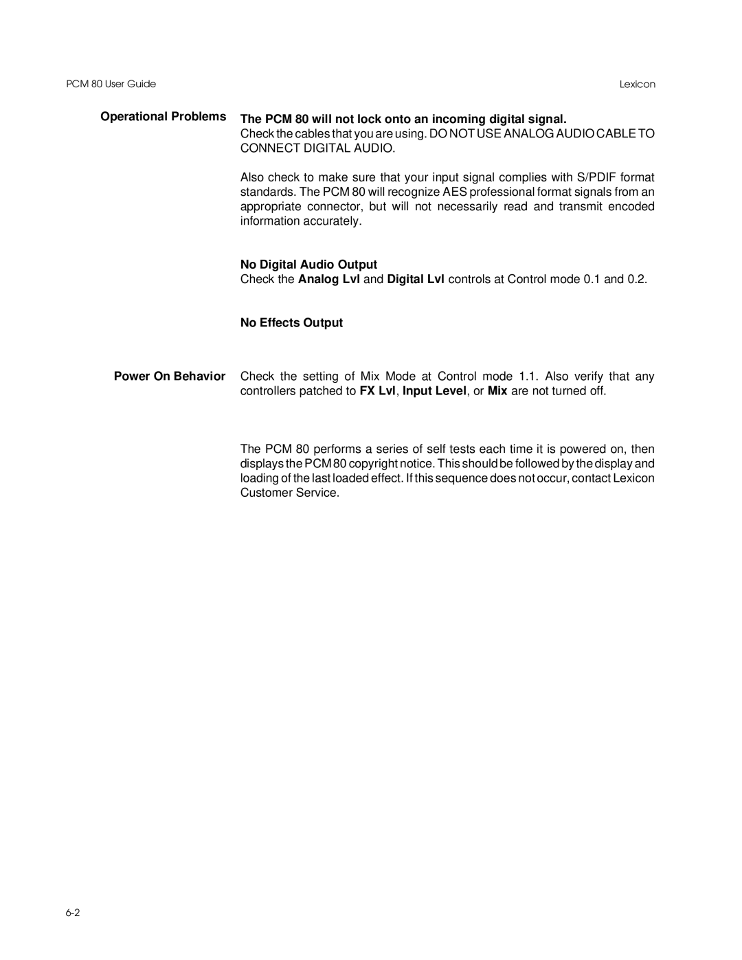 Lexicon PCM 80 manual No Digital Audio Output, No Effects Output 