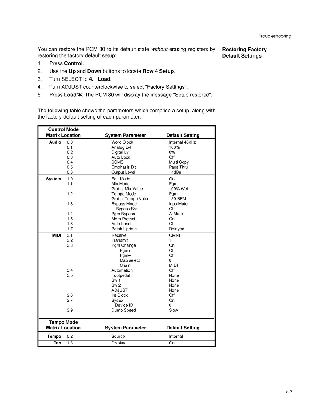 Lexicon PCM 80 manual Restoring Factory Default Settings, Control Mode Matrix Location 