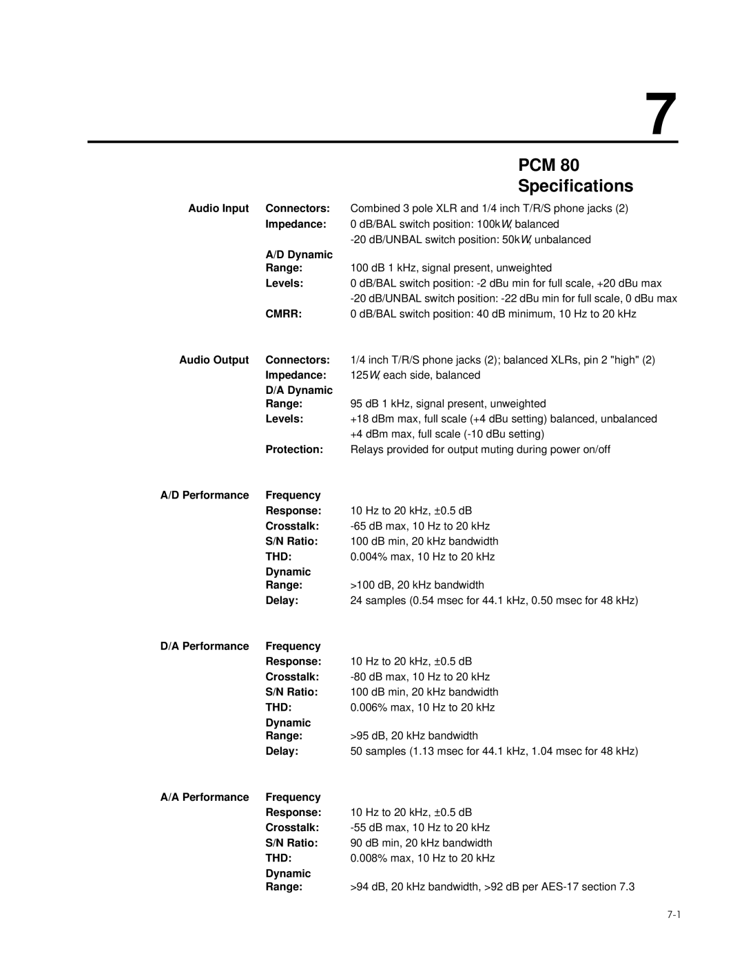 Lexicon PCM 80 Audio Input Connectors, Impedance, Dynamic Range, Levels, Audio Output Connectors, Protection, Crosstalk 