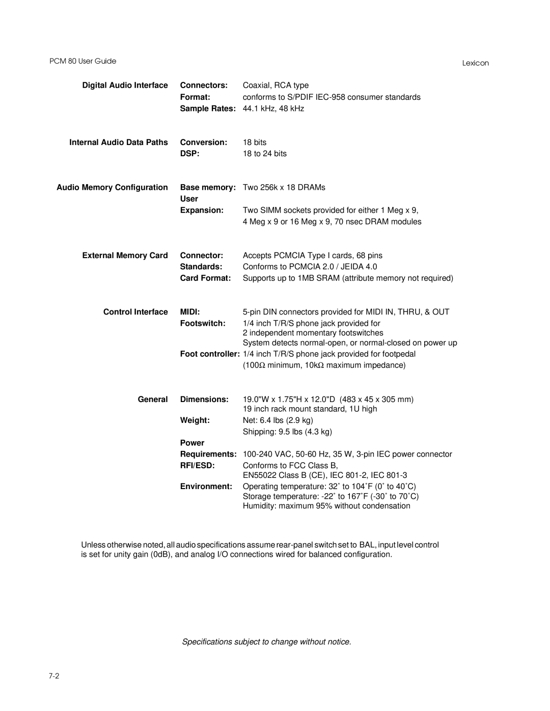 Lexicon PCM 80 Digital Audio Interface Connectors, Format, Sample Rates, Internal Audio Data Paths Conversion, Standards 