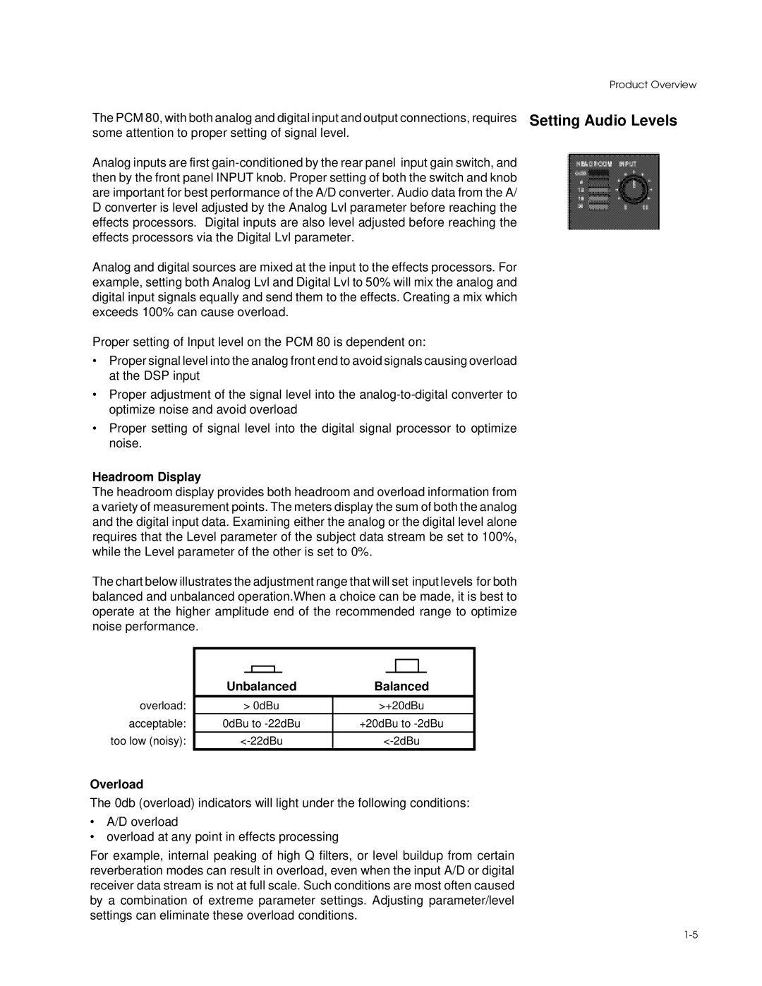 Lexicon PCM 80 manual Headroom Display, Unbalanced Balanced, Overload 