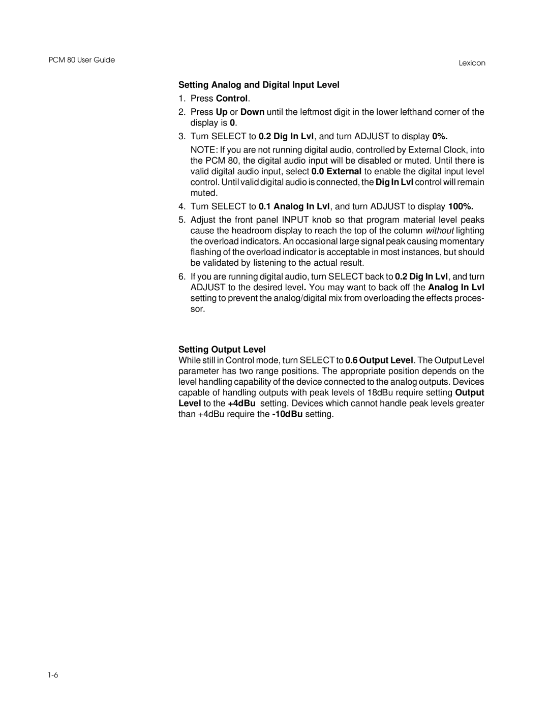 Lexicon PCM 80 manual Setting Analog and Digital Input Level, Setting Output Level 