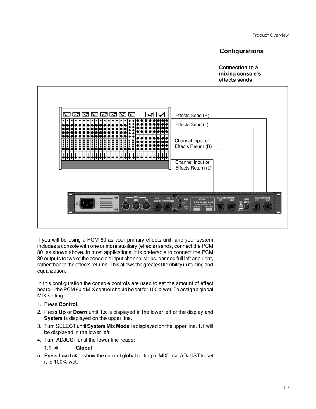 Lexicon PCM 80 manual Configurations, Connection to a mixing consoles effects sends, Press Control, Global 