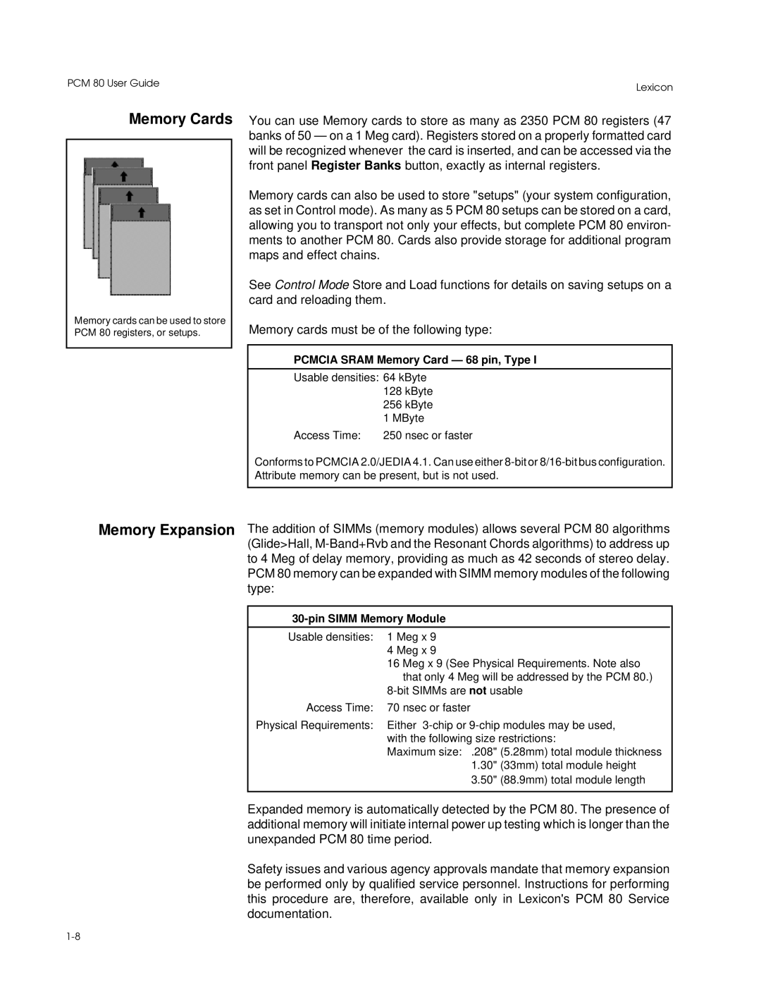 Lexicon PCM 80 manual Memory Cards, Pcmcia Sram Memory Card 68 pin, Type, Pin Simm Memory Module 