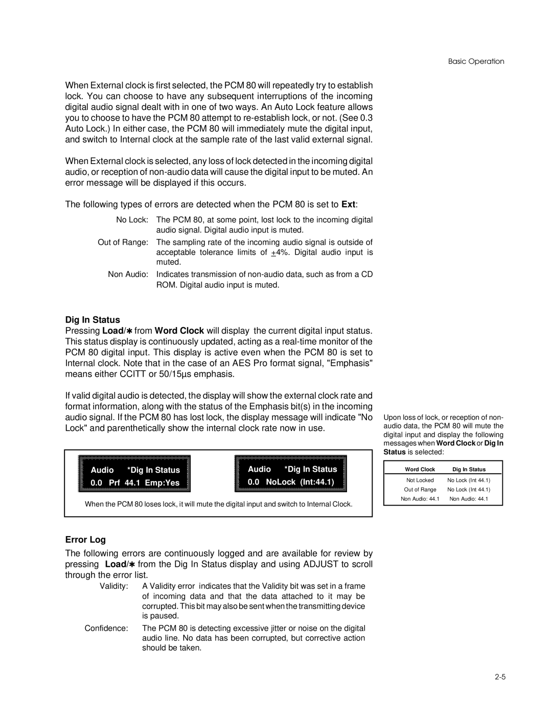 Lexicon PCM 80 manual Dig In Status, Error Log 