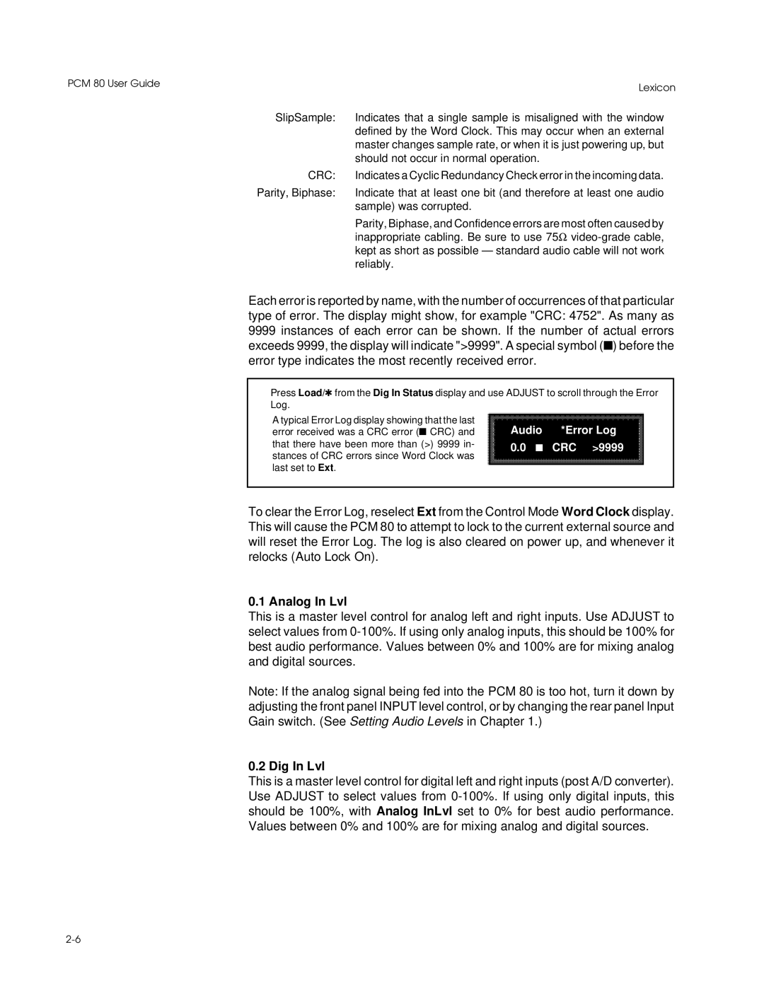 Lexicon PCM 80 manual Analog In Lvl, Dig In Lvl 