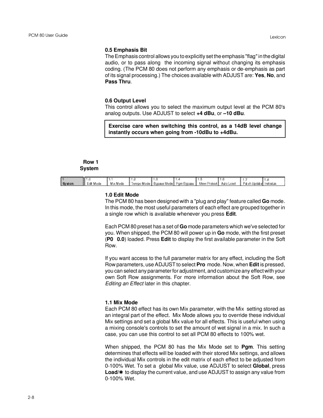 Lexicon PCM 80 manual Emphasis Bit, Output Level, Mix Mode 