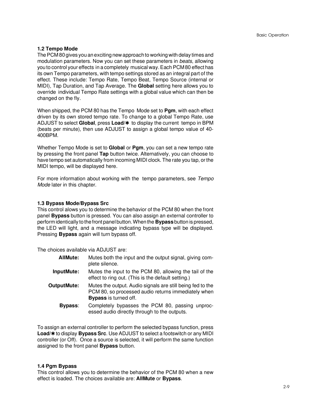 Lexicon PCM 80 manual Tempo Mode, Bypass Mode/Bypass Src, Pgm Bypass 