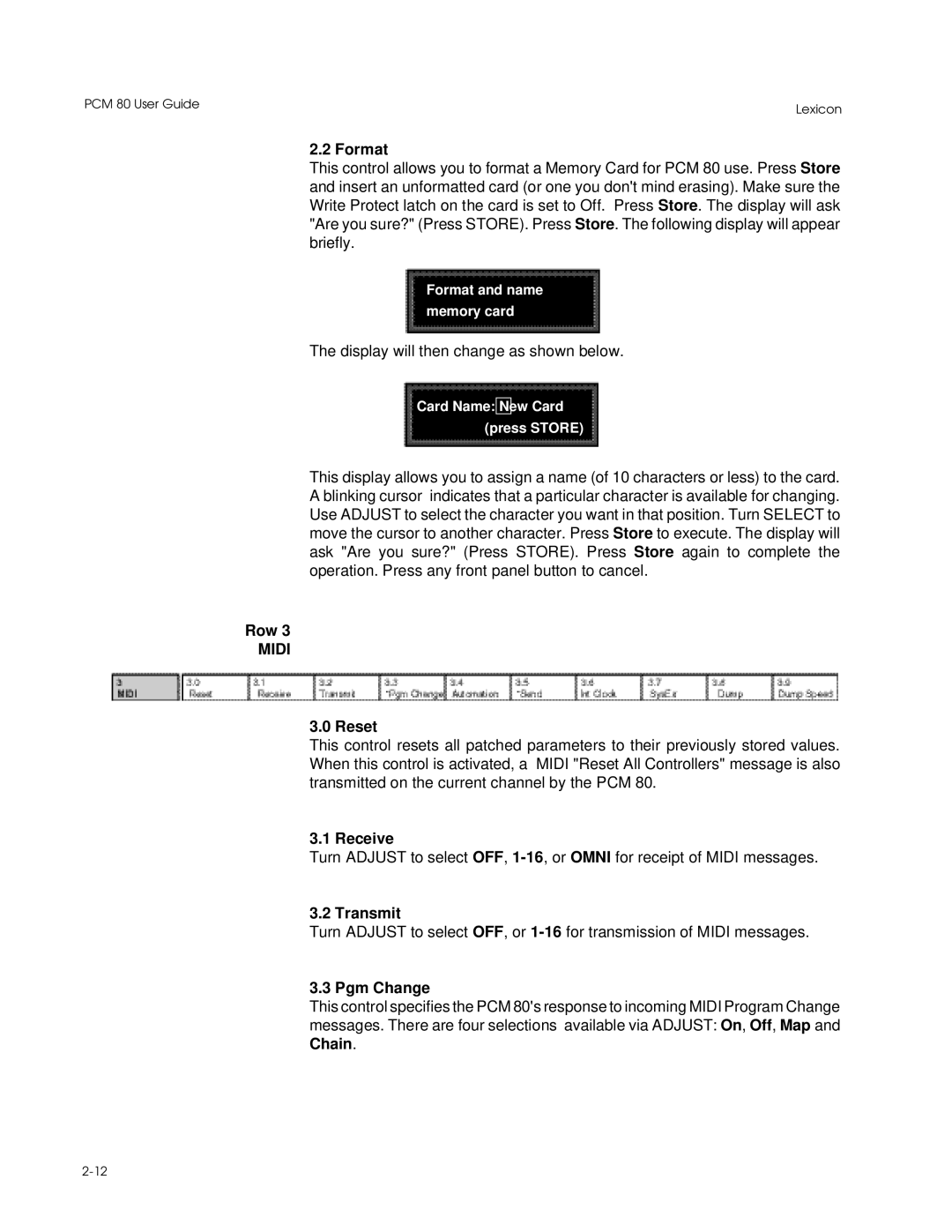 Lexicon PCM 80 manual Format, Reset, Receive, Transmit, Pgm Change 