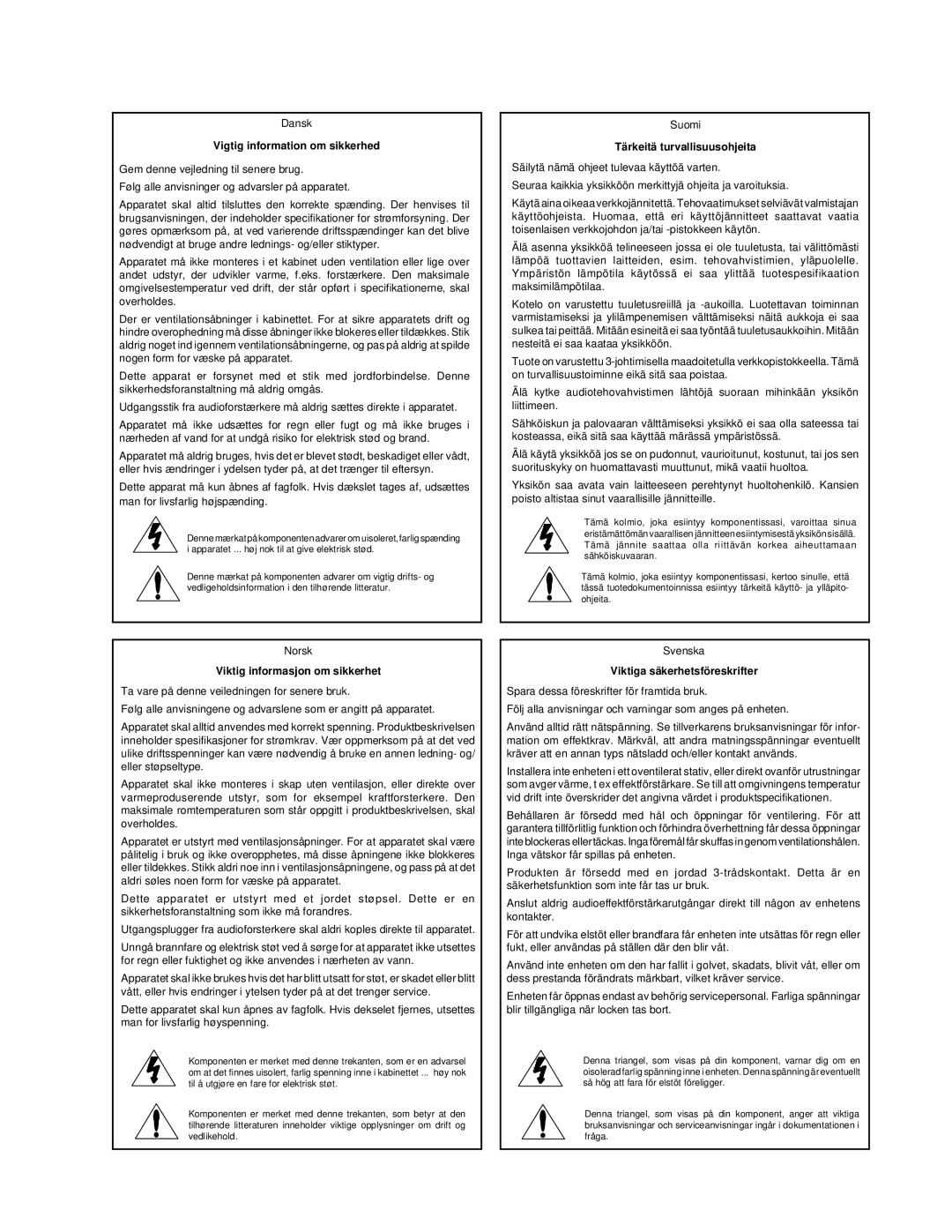 Lexicon PCM 80 manual Vigtig information om sikkerhed 