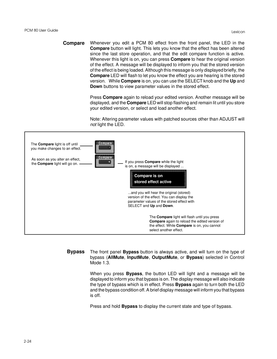 Lexicon PCM 80 manual Compare is on Stored effect active 