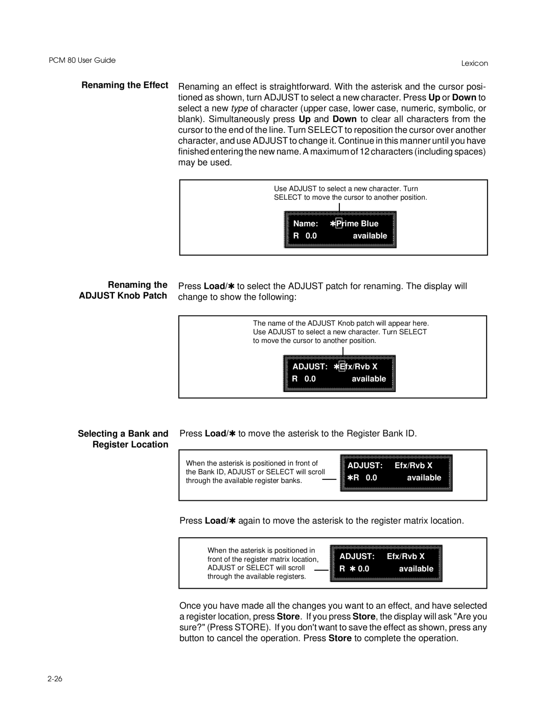 Lexicon PCM 80 manual Renaming the Adjust Knob Patch, Register Location 