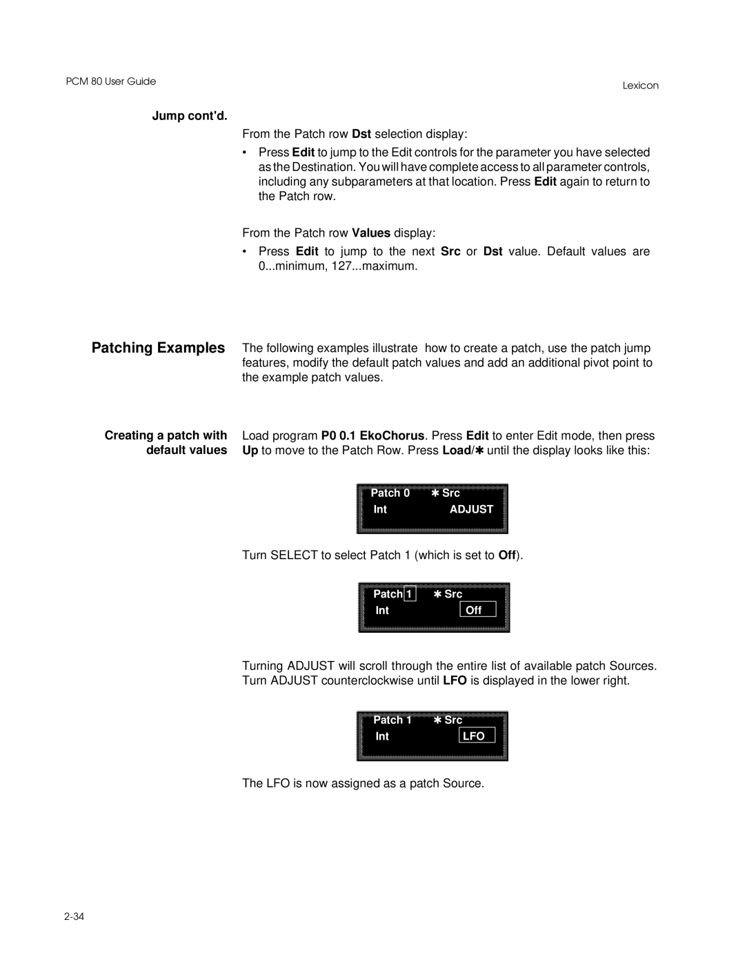 Lexicon PCM 80 manual Patching Examples, Jump contd, Creating a patch with, Default values 