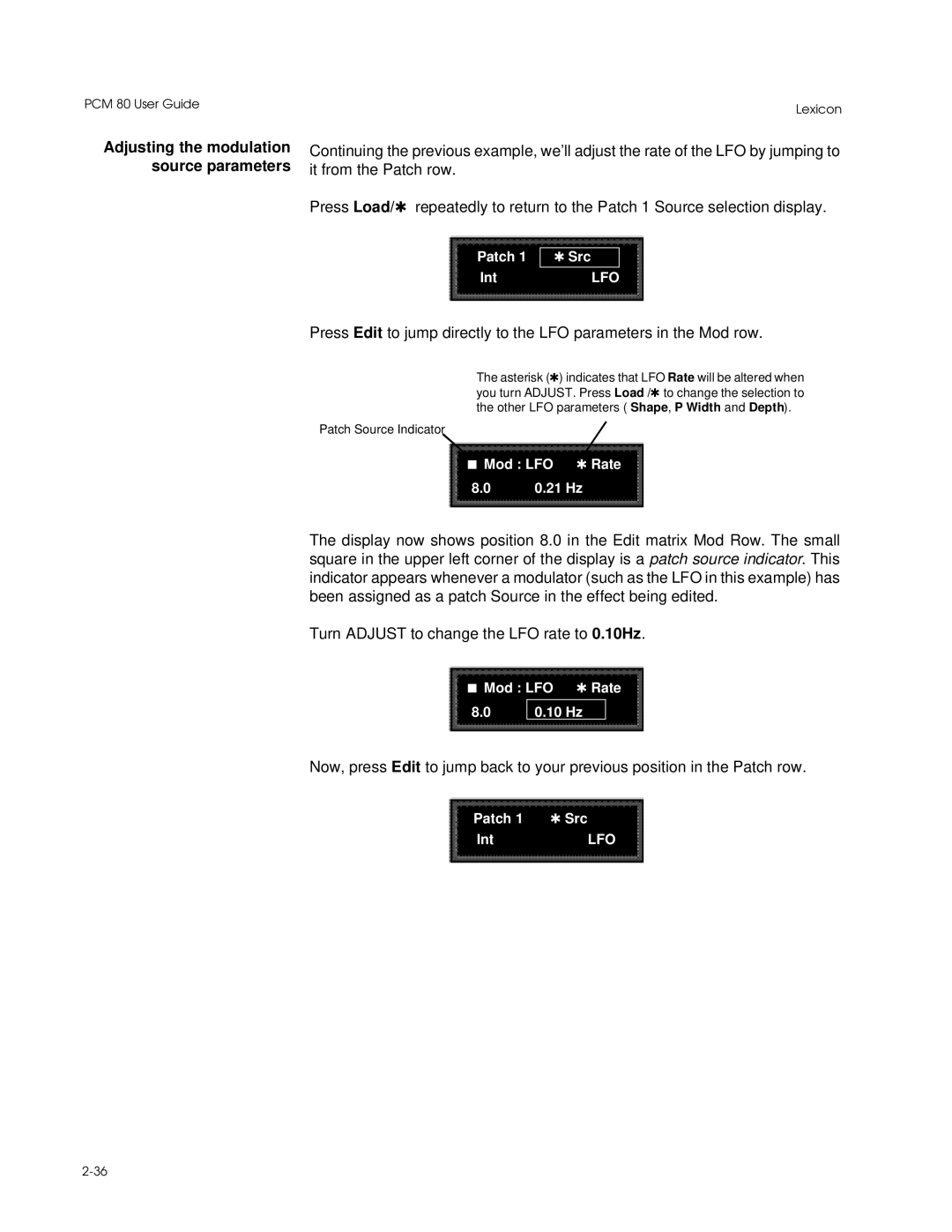 Lexicon PCM 80 manual Adjusting the modulation, Source parameters 