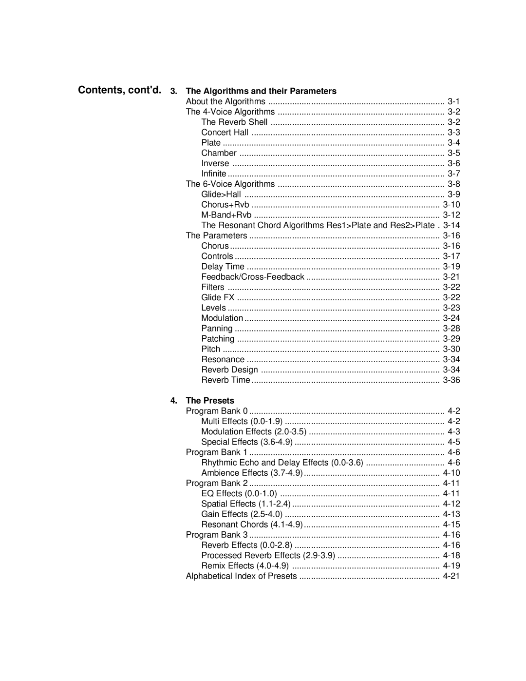 Lexicon PCM 80 manual Contents, contd . The Algorithms and their Parameters, Presets 