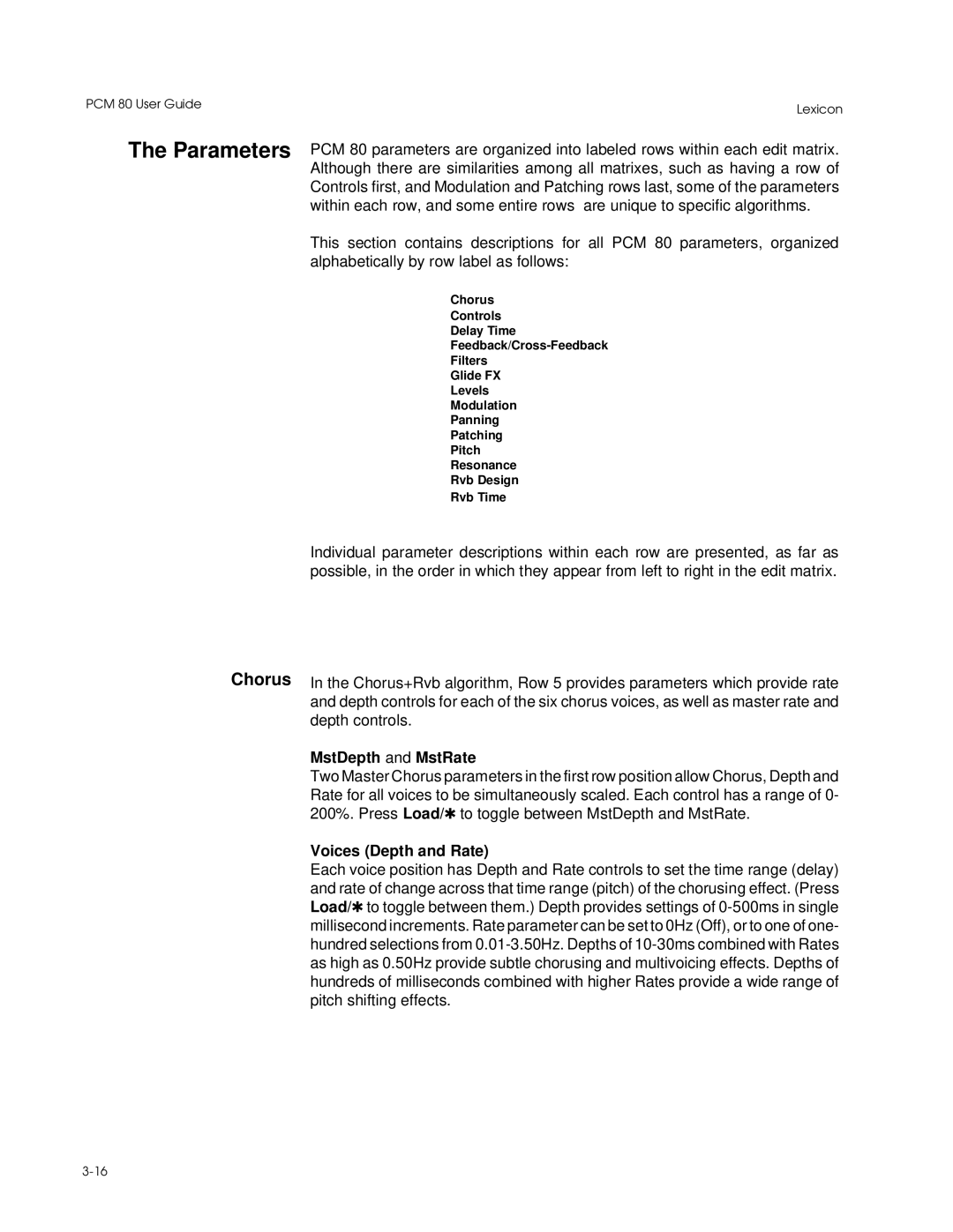 Lexicon PCM 80 manual MstDepth and MstRate, Voices Depth and Rate 