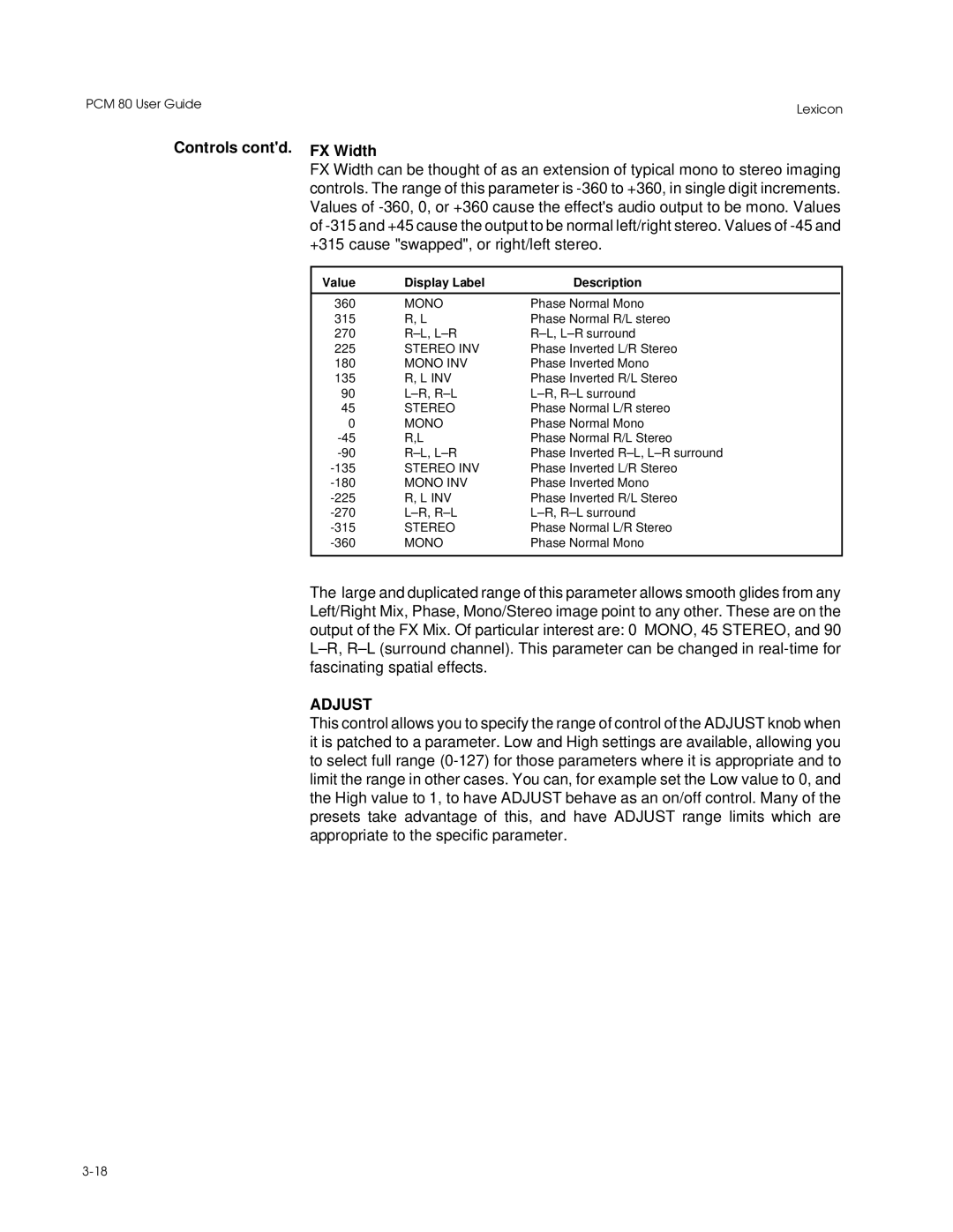 Lexicon PCM 80 manual Controls contd. FX Width, Value Display Label Description 