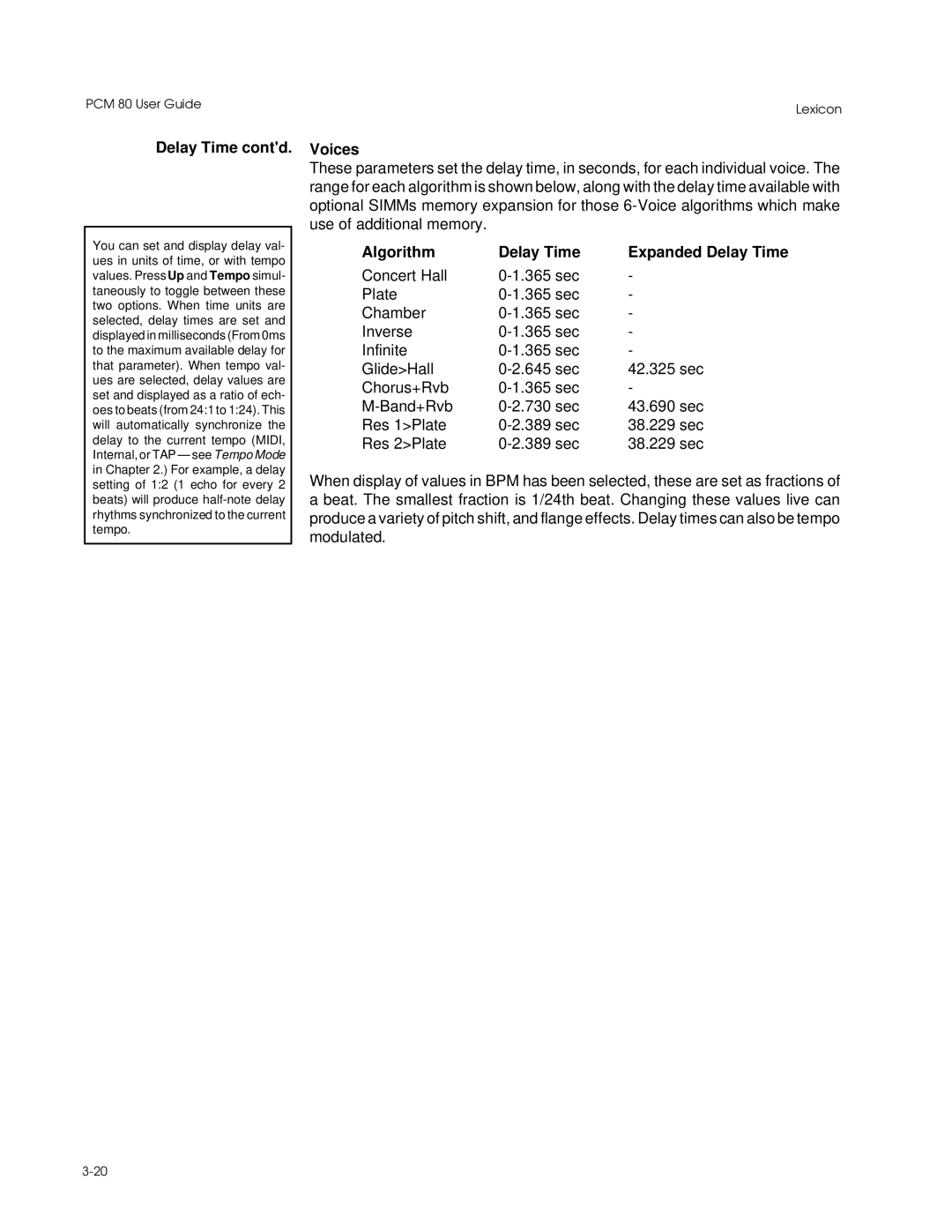 Lexicon PCM 80 manual Delay Time contd, Voices, Algorithm Delay Time, Expanded Delay Time 