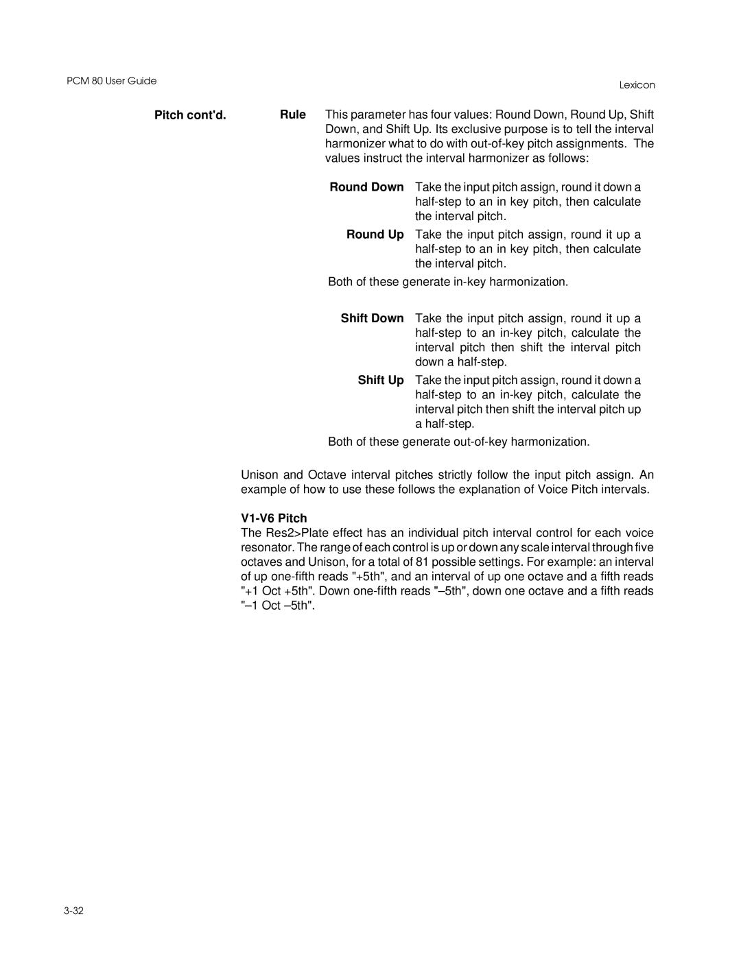 Lexicon PCM 80 manual V1-V6 Pitch 