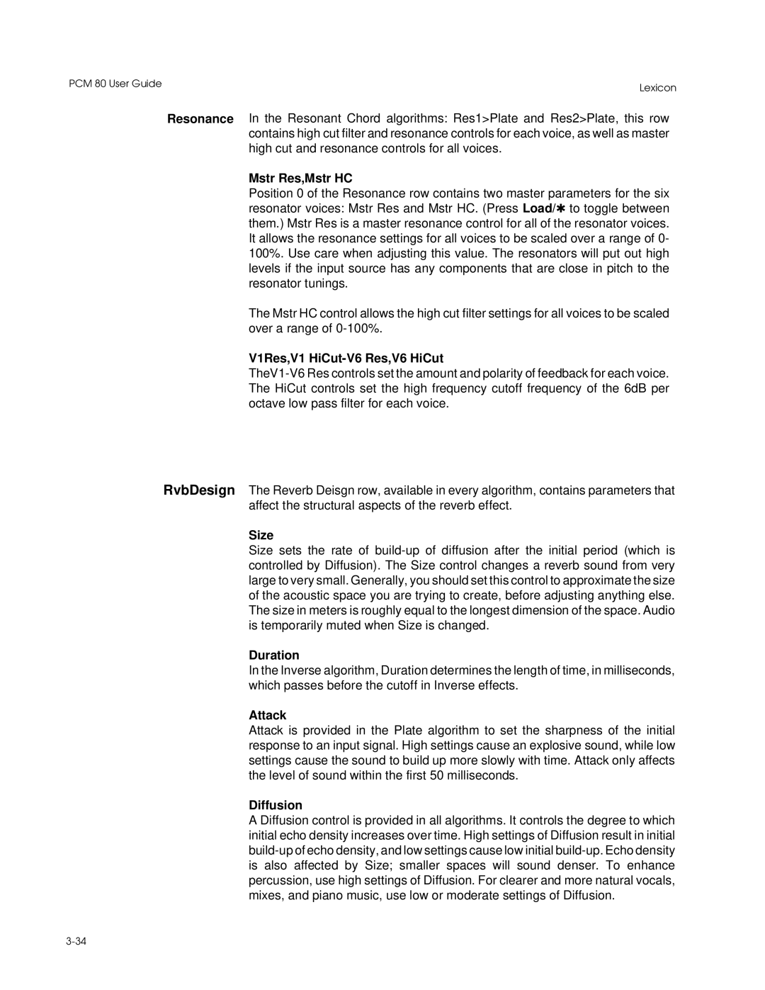 Lexicon PCM 80 manual Mstr Res,Mstr HC, V1Res,V1 HiCut-V6 Res,V6 HiCut, Size, Duration, Attack, Diffusion 