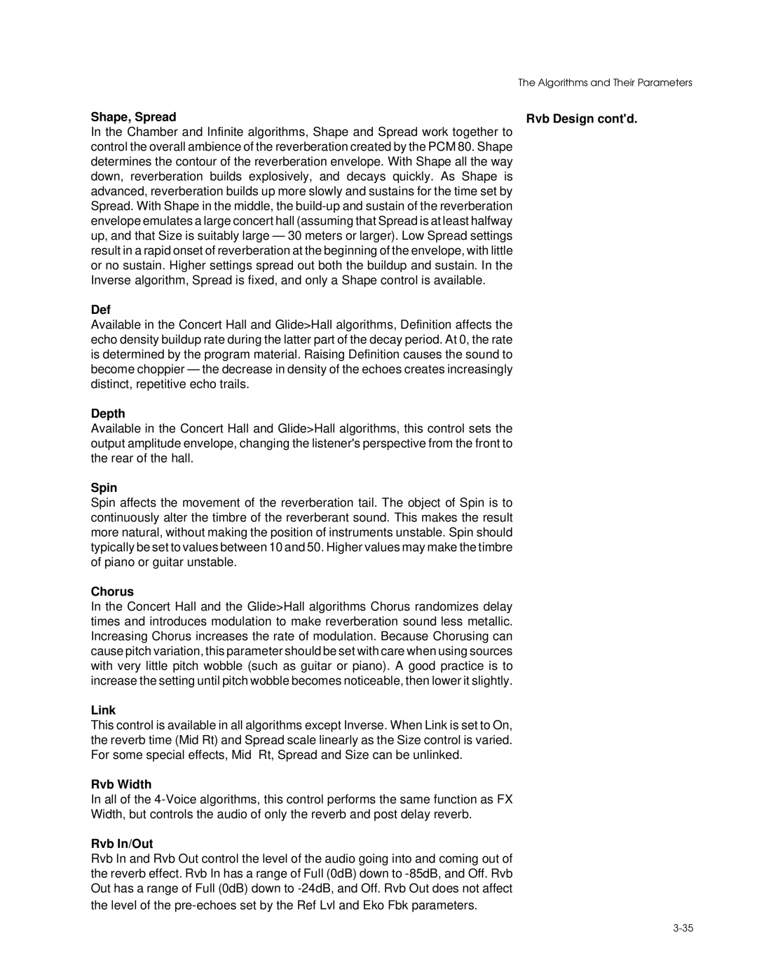 Lexicon PCM 80 manual Shape, Spread Rvb Design contd, Def, Depth, Spin, Chorus, Link, Rvb Width, Rvb In/Out 