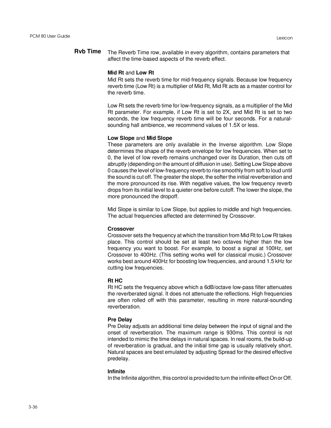 Lexicon PCM 80 manual Mid Rt and Low Rt, Low Slope and Mid Slope, Crossover, Rt HC, Pre Delay, Infinite 