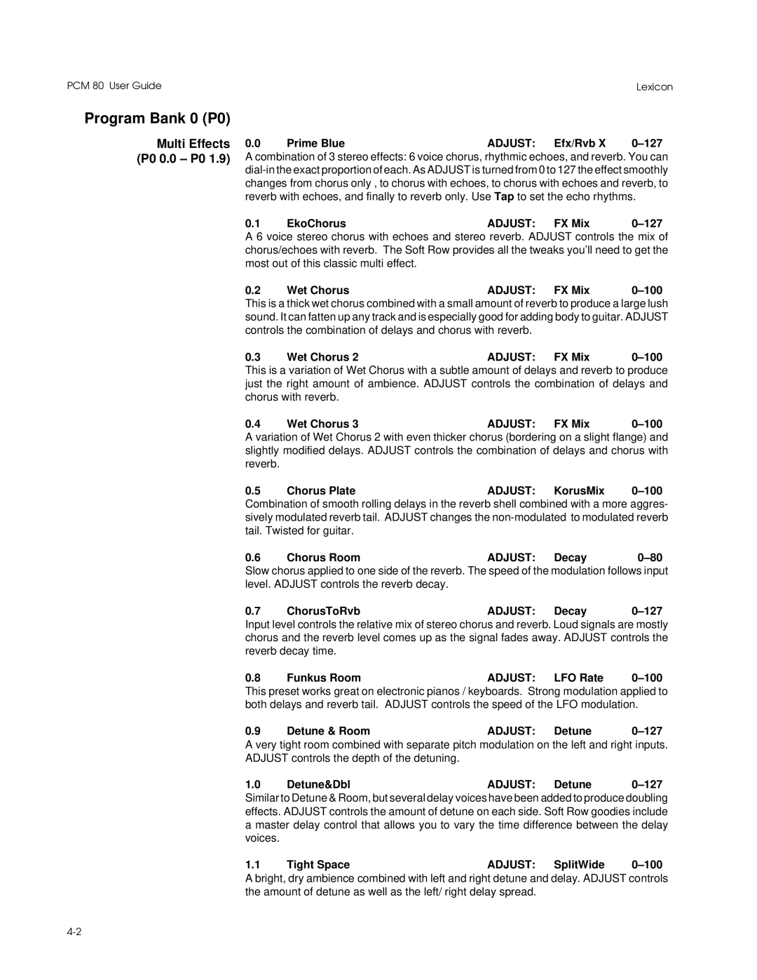 Lexicon PCM 80 manual Program Bank 0 P0, Multi Effects P0 0.0 P0 