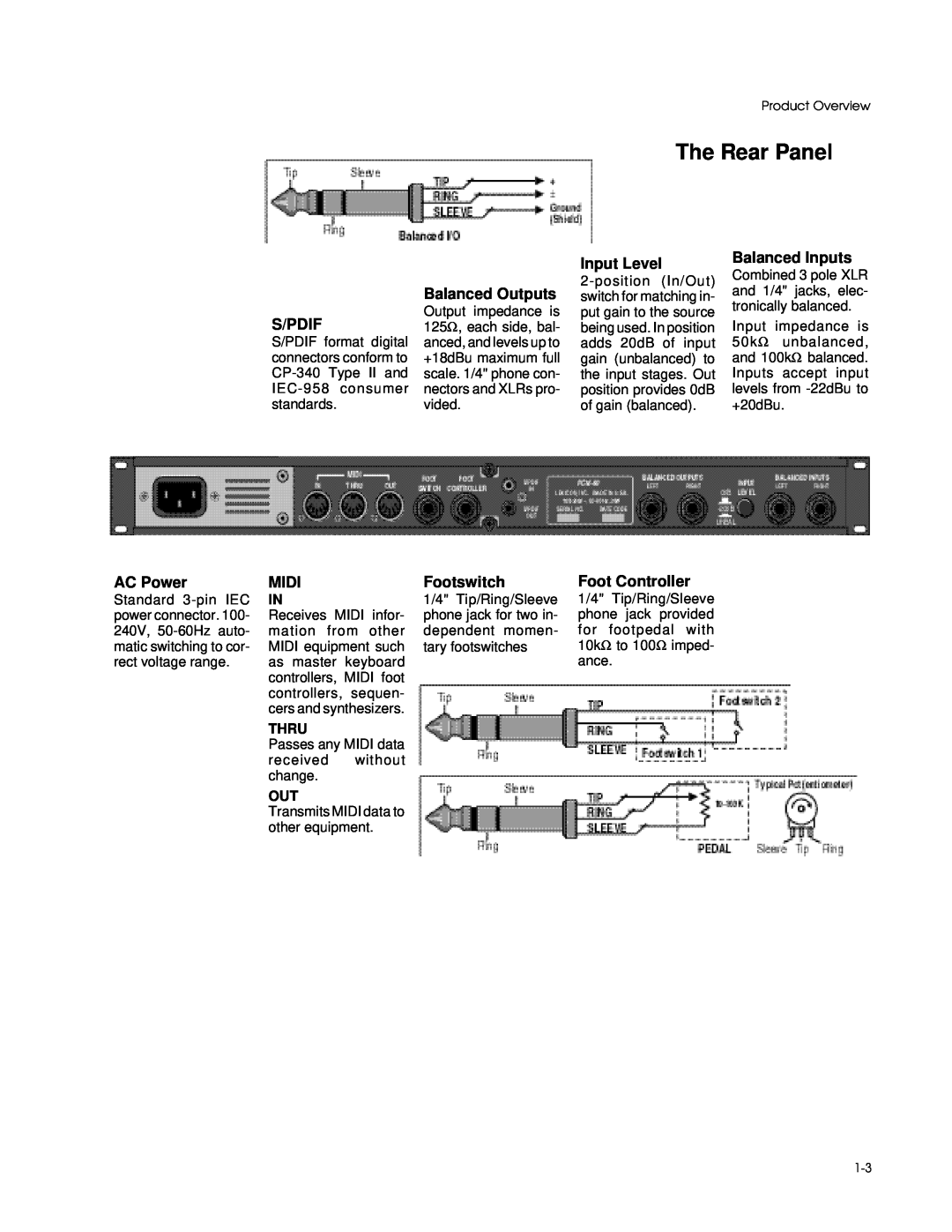 Lexicon PCM 80 manual The Rear Panel, S/Pdif, AC Power, Midi, Balanced Outputs, Footswitch, Input Level, Foot Controller 