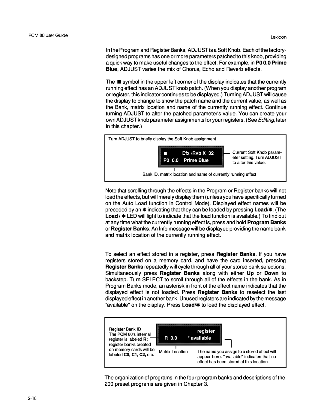 Lexicon PCM 80 manual Efx /Rvb X P0 0.0 Prime Blue, register, available 
