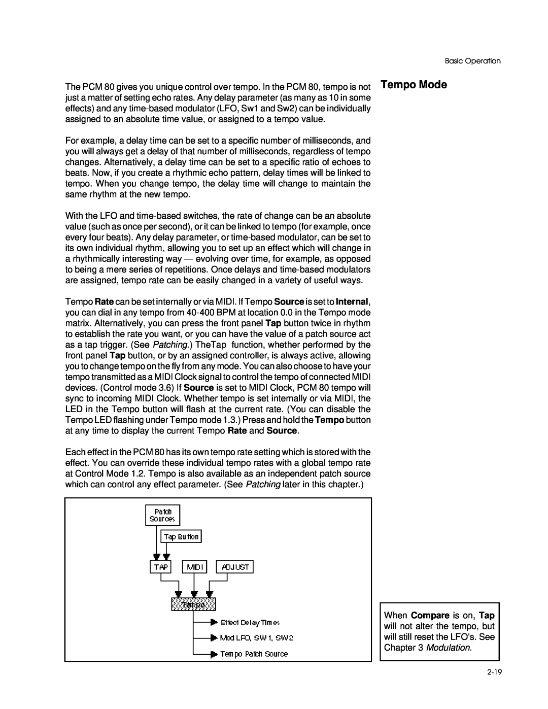 Lexicon PCM 80 manual Tempo Mode, Basic Operation, 2-19 