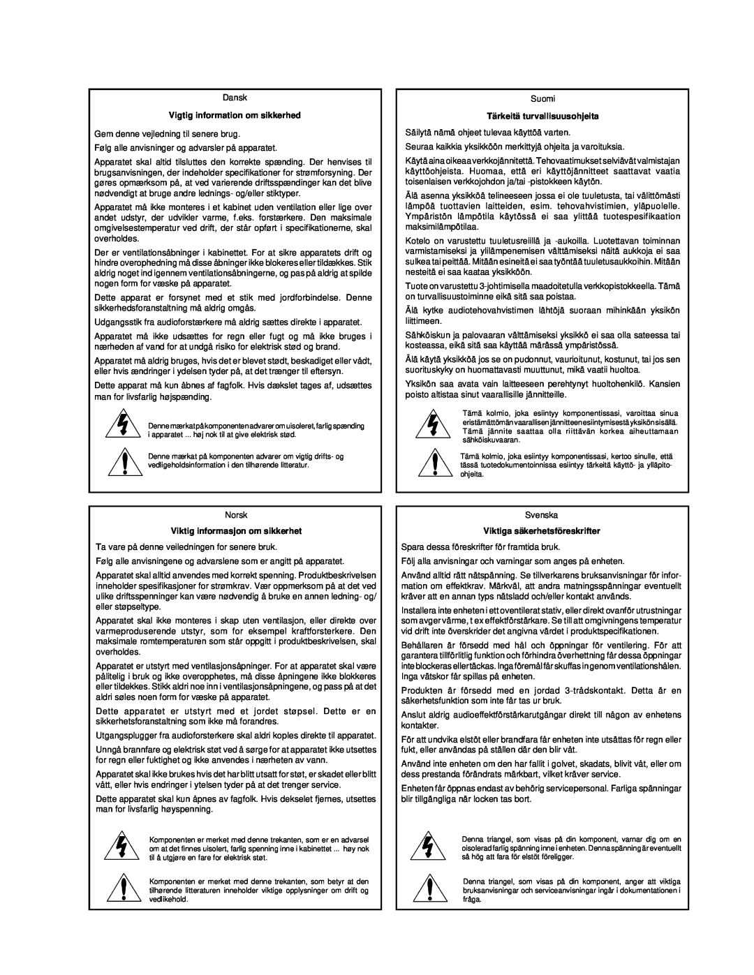 Lexicon PCM 80 manual Vigtig information om sikkerhed, Tärkeitä turvallisuusohjeita, Viktig informasjon om sikkerhet 