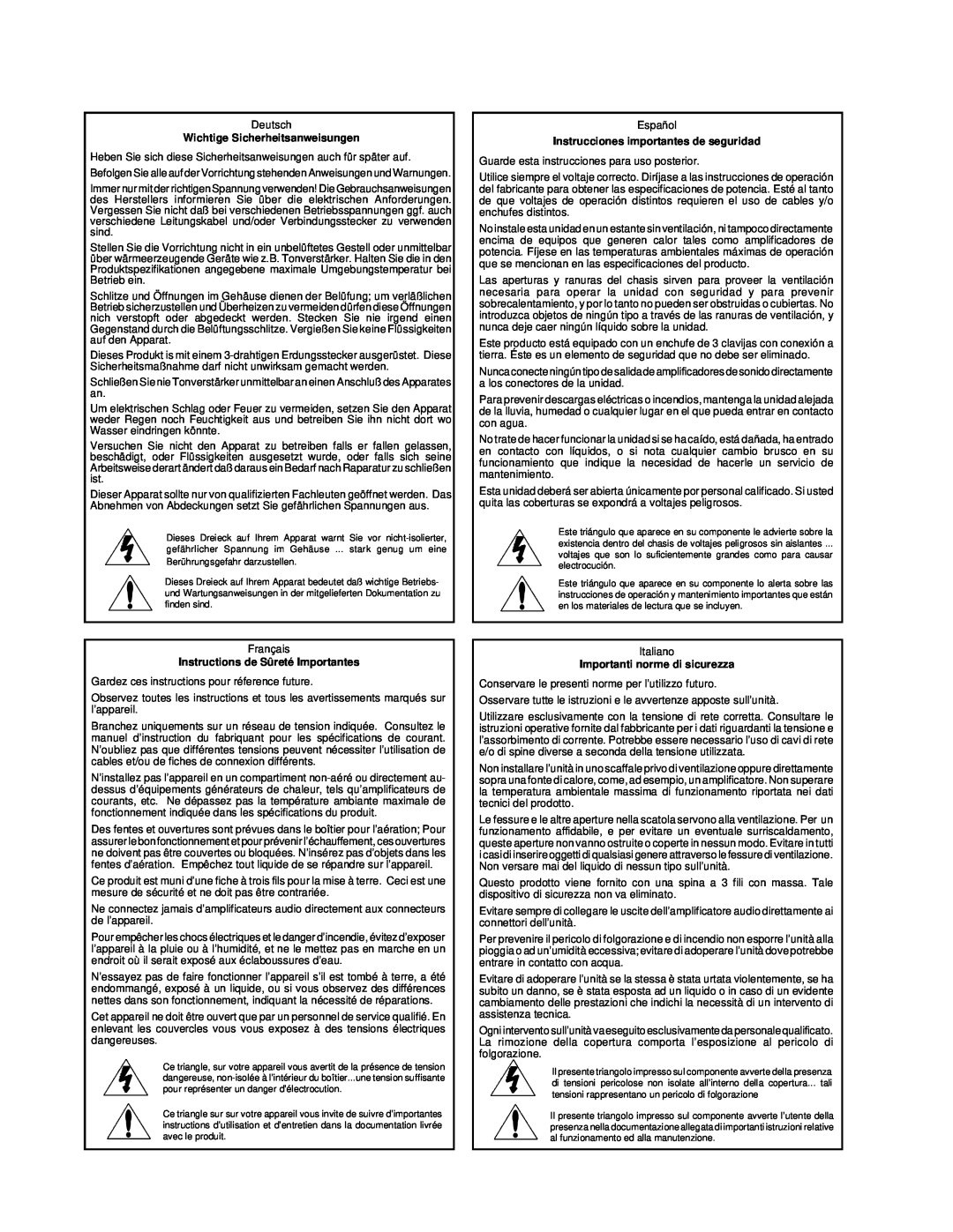 Lexicon PCM 80 Wichtige Sicherheitsanweisungen, Instrucciones importantes de seguridad, Instructions de Sûreté Importantes 