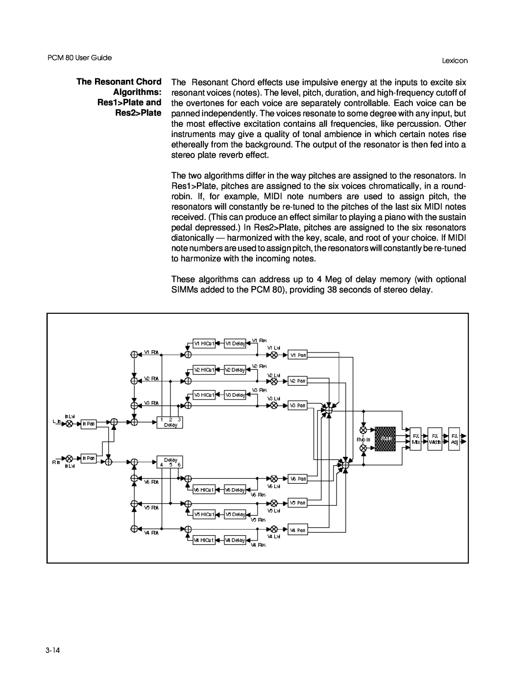 Lexicon manual The Resonant Chord Algorithms Res1>Plate and, Res2 Plate, PCM 80 User Guide, Lexicon, 3-14 