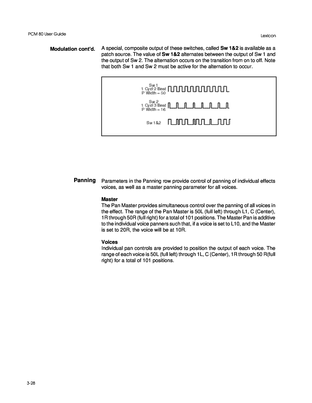 Lexicon manual Panning, Modulation contd, Master, Voices, PCM 80 User Guide, Lexicon, 3-28 