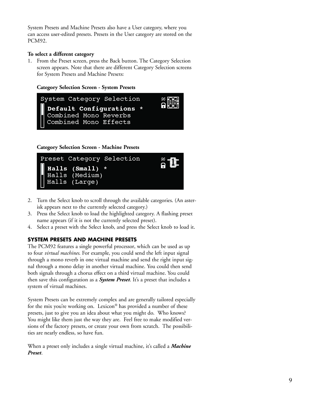 Lexicon PCM92 manual To select a different category, Category Selection Screen System Presets 