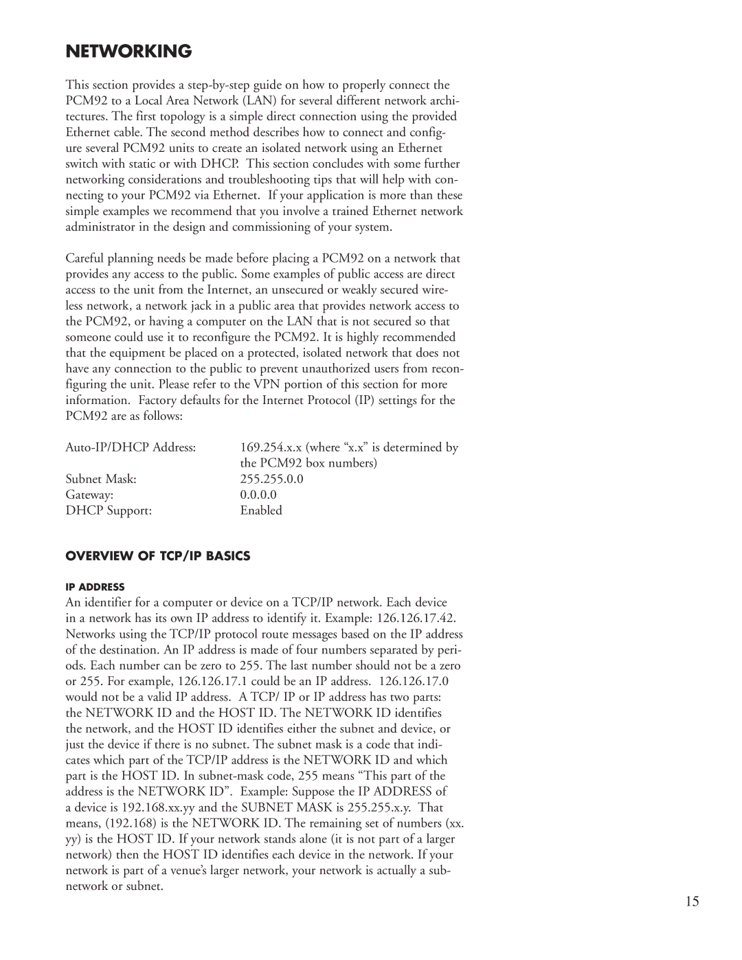 Lexicon PCM92 manual Networking, Subnet Mask 255.255.0.0 Gateway Dhcp Support Enabled 