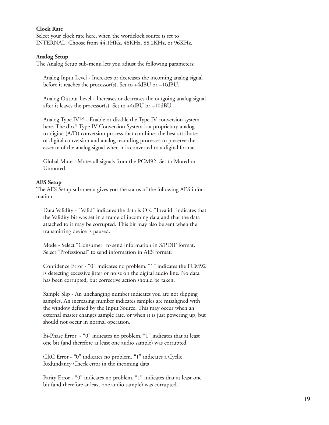 Lexicon PCM92 manual Clock Rate, Analog Setup, AES Setup 