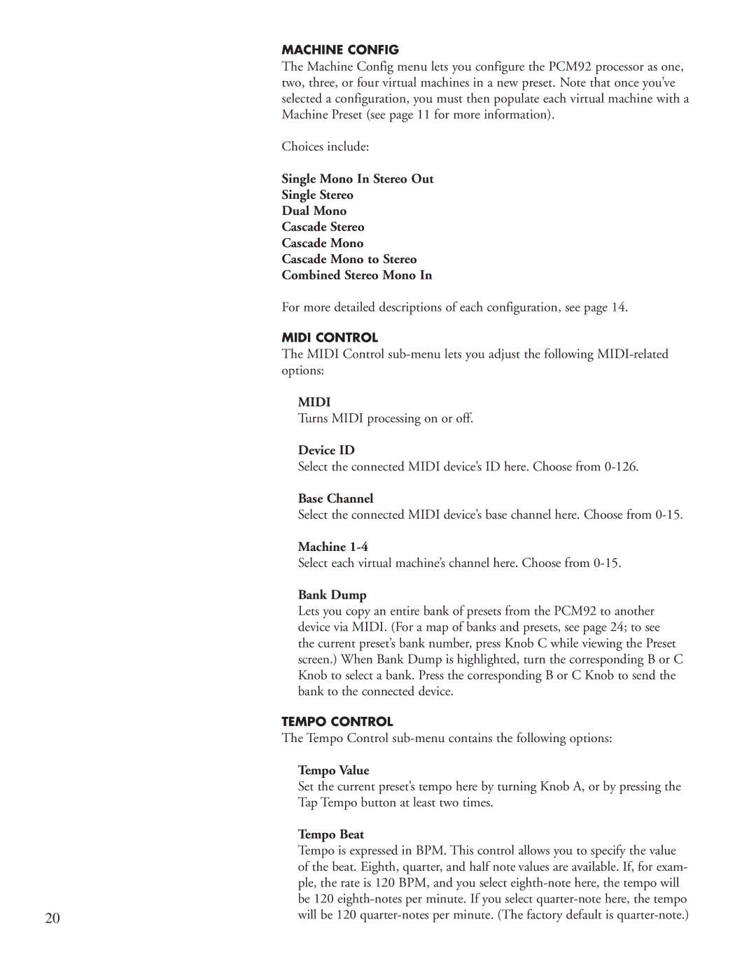 Lexicon PCM92 manual Device ID, Base Channel, Machine, Bank Dump, Tempo Value, Tempo Beat 