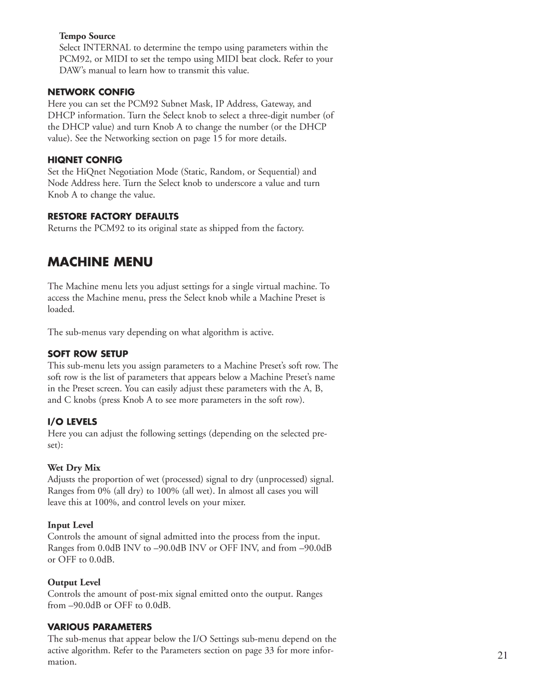 Lexicon PCM92 manual Machine Menu, Tempo Source, Wet Dry Mix, Input Level, Output Level 