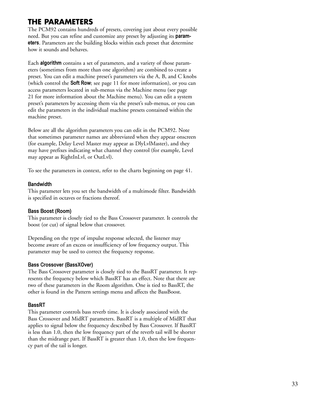 Lexicon PCM92 manual Parameters, Bandwidth, Bass Boost Room, Bass Crossover BassXOver, BassRT 