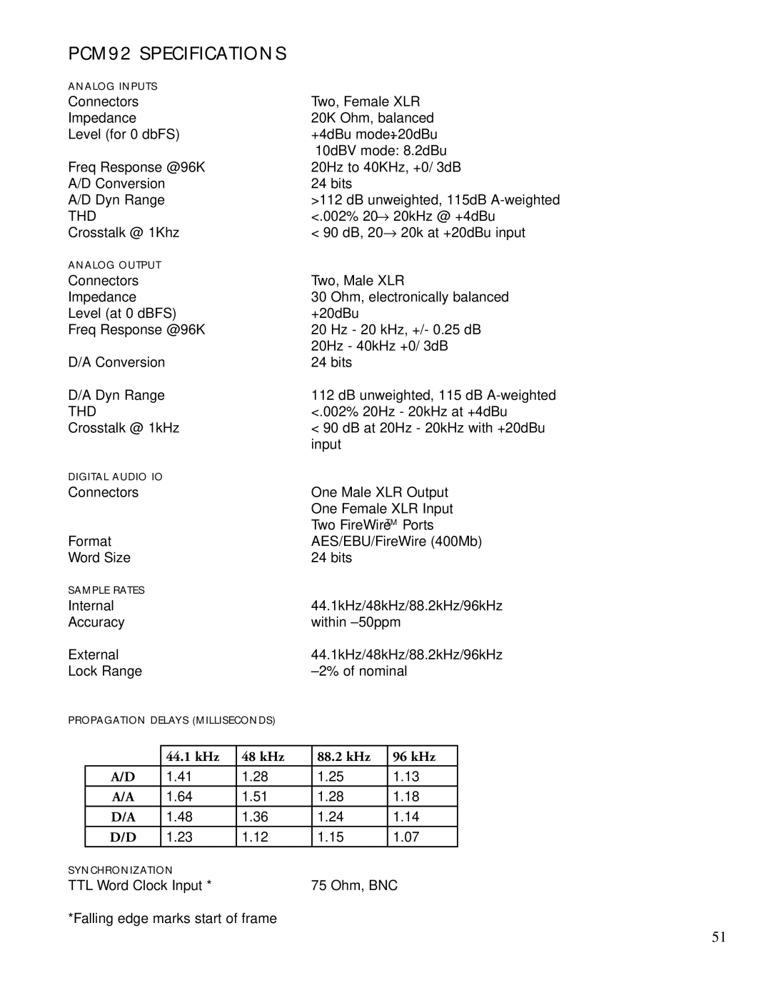 Lexicon manual PCM92 Specifications, kHz 48 kHz 88.2 kHz 96 kHz 