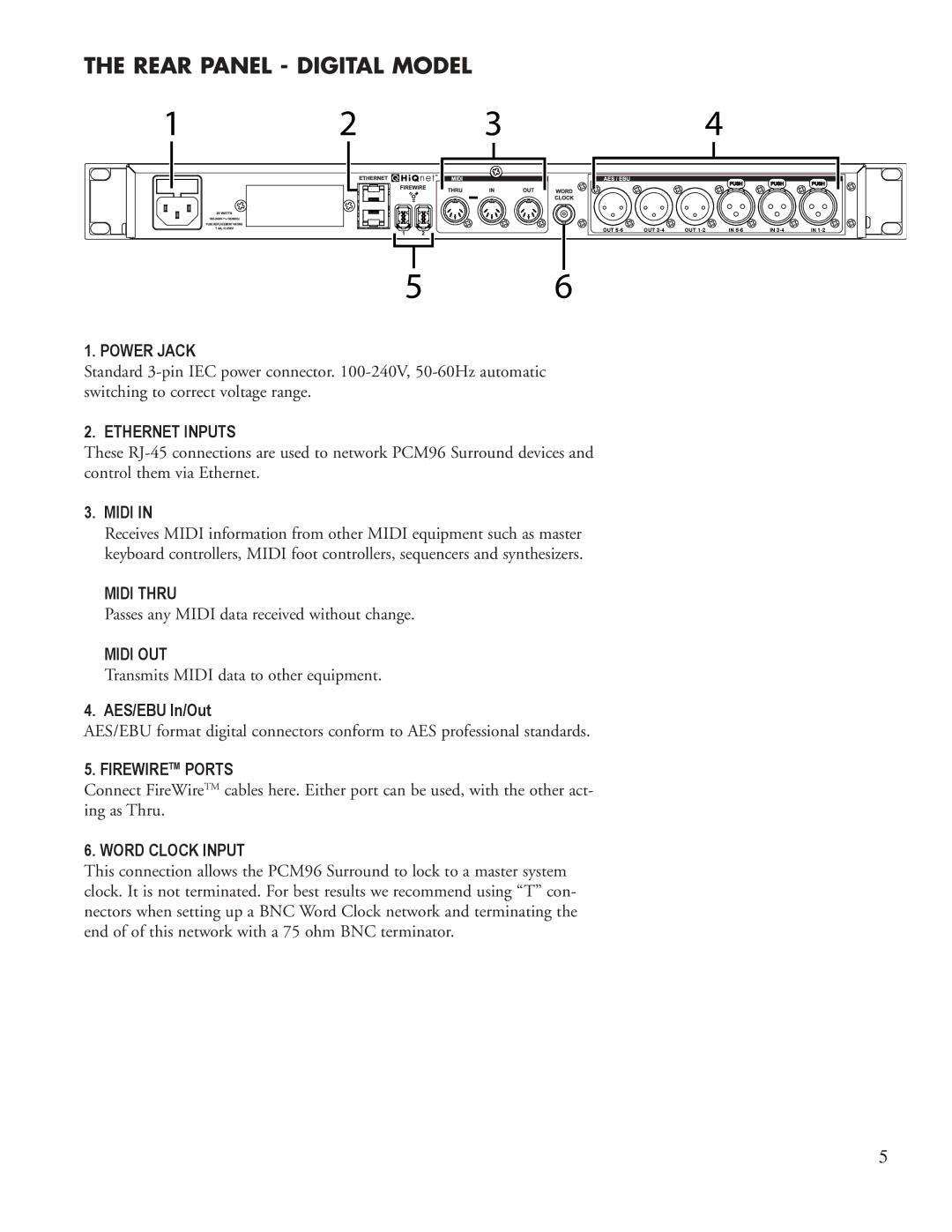 Lexicon PCM96 manual Rear Panel Digital Model, Power Jack, Ethernet Inputs, AES/EBU In/Out, FireWireTM Ports 