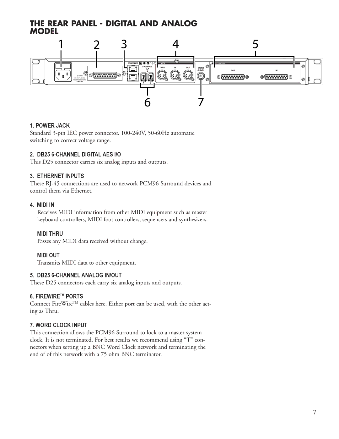 Lexicon PCM96 manual Rear Panel Digital and Analog Model, DB25 6-channel Analog IN/OUT 